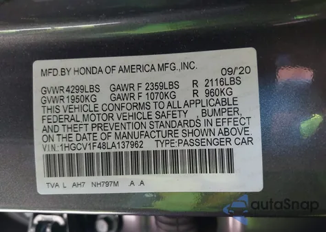 2020 Honda Accord Ex из США, поврежденный, VIN 1HGCV1F48LA137962